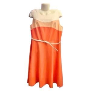 Dressbarn Woman Orange/Peach/White Sleeveless Fit & Flare Dress w/Belt Size 16
